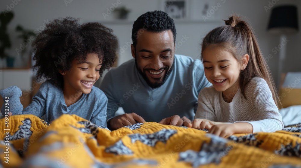 Family folding towels in laundry room Share work and enjoy each other's company Family folding towels in laundry room Share work and enjoy each other's company