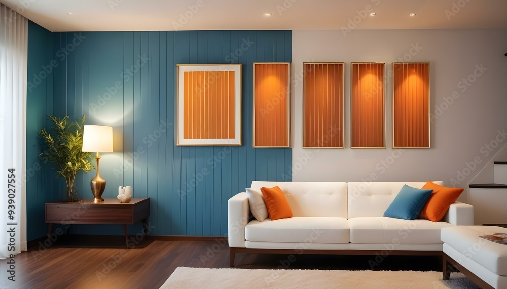 Interior mockup In a white room a blue sofa is placed next to a photo frame on the wall