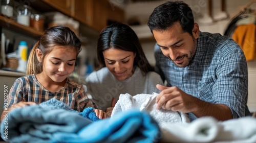 Wallpaper Mural Family folding towels in laundry room Share work and enjoy each other's company Torontodigital.ca