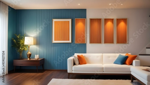 Interior mockup In a white room a blue sofa is placed next to a photo frame on the wall