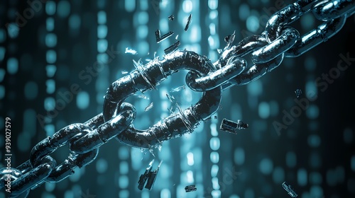 A broken chain breaking in half, symbolizing the break with digital security, with a background of blue and white binary code representing data and technology