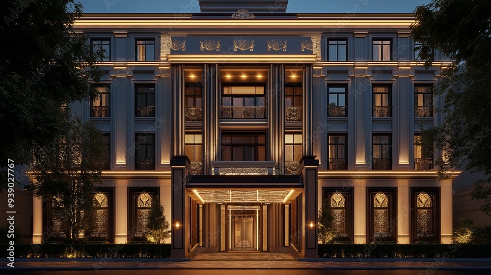 A tall, iconic hotel building with bold, vertical lines, symmetrical patterns A tall, iconic hotel building with bold, vertical lines, symmetrical patterns