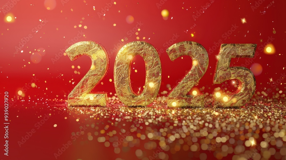 Trendy golden inscription 2025, red colors, gold dust. New Year greeting card lettering. Generative AI Trendy golden inscription 2025, red colors, gold dust. New Year greeting card lettering. Generative AI