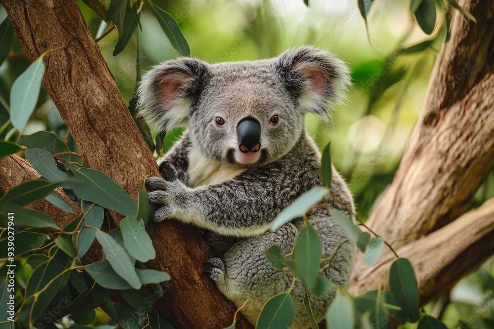Obraz premium A cute koala resting on a tree branch surrounded by green leaves. This charming marsupial symbolizes Australia’s wildlife and natural beauty. Generative AI