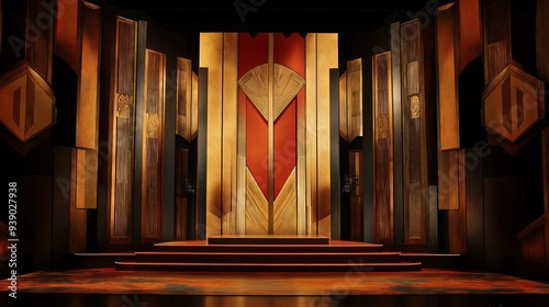 A stage set for a glamorous theatre production, with bold, angular set designs photo