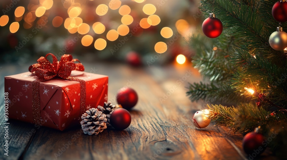 Christmas Gift on Wooden Table with Pine Branch