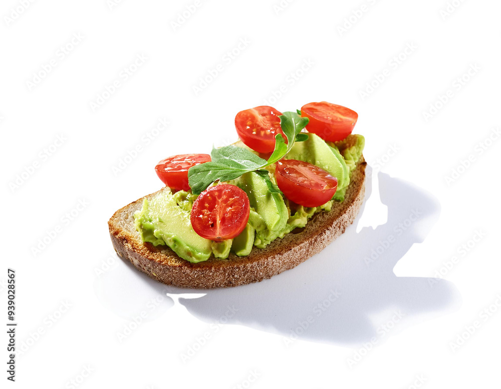 Gourmet Avocado Toast with Fresh Herbs and Cherry Tomatoes Isolated on White Background Gourmet Avocado Toast with Fresh Herbs and Cherry Tomatoes Isolated on White Background