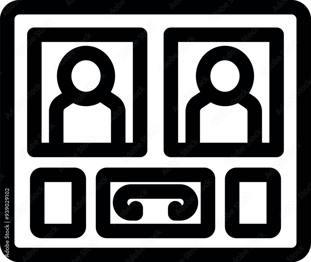 Simple black and white icon of a video conference interface showing two people having an online meeting Simple black and white icon of a video conference interface showing two people having an online meeting