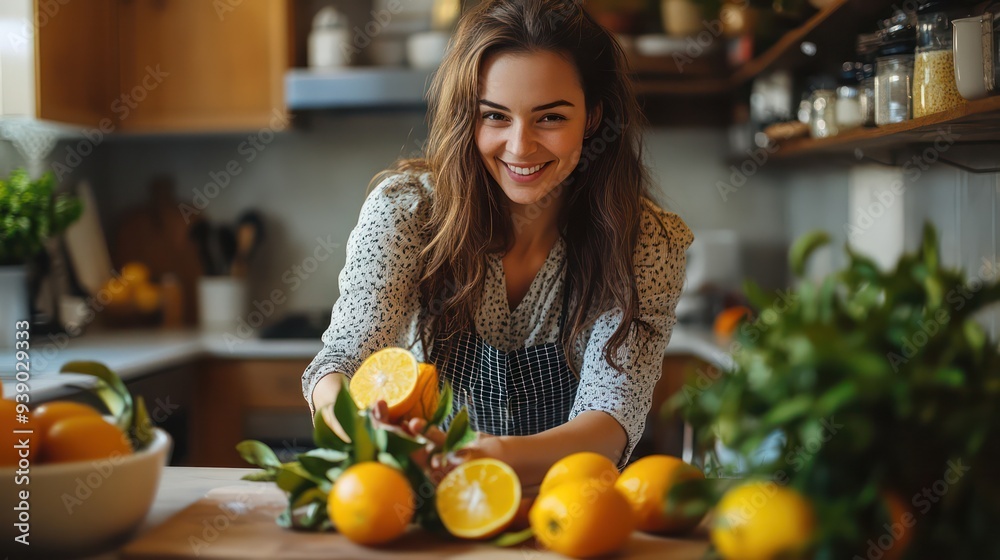 A woman cleaning her kitchen with a mixture of vinegar and citrus peels, creating a natural and effective cleaner A woman cleaning her kitchen with a mixture of vinegar and citrus peels, creating a natural and effective cleaner