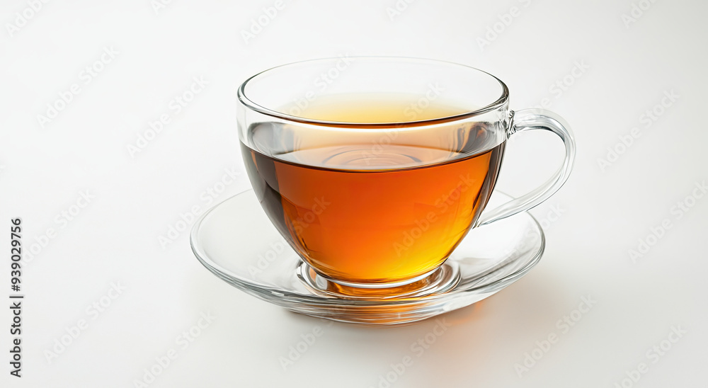A clear glass cup filled with black tea on a saucer, accompanied by fresh green tea leaves, set against a white background.
A clear glass cup filled with black tea on a saucer, accompanied by fresh green tea leaves, set against a white background.
