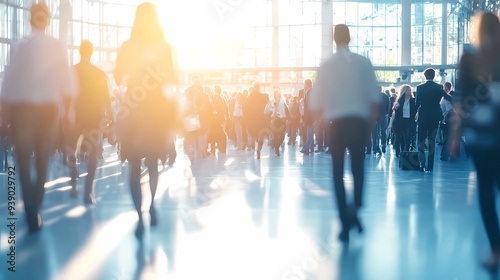 A blurred background of people walking around at an international business conference