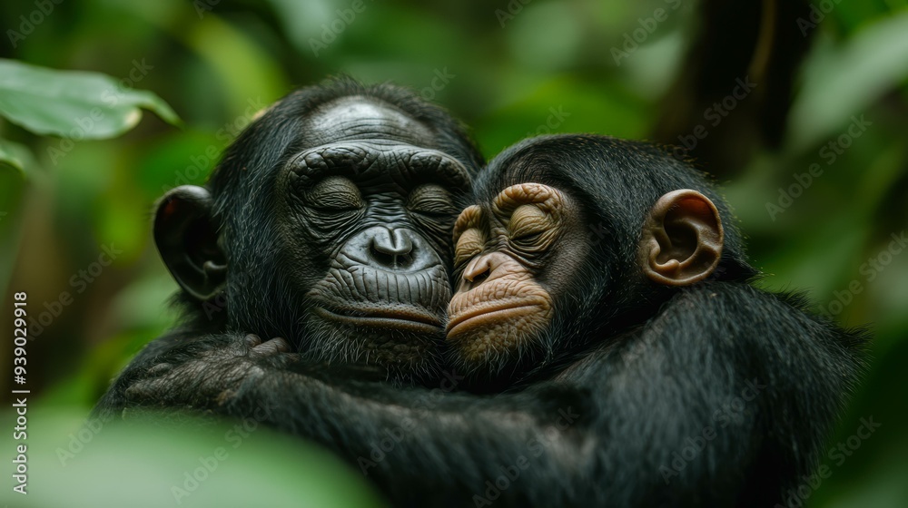 Two chimpanzees embrace tenderly with eyes closed amidst dense greenery, capturing an intimate moment of affection perfect for themes of love, wildlife, or family bonds, Two chimpanzees embrace tenderly with eyes closed amidst dense greenery, capturing an intimate moment of affection perfect for themes of love, wildlife, or family bonds,