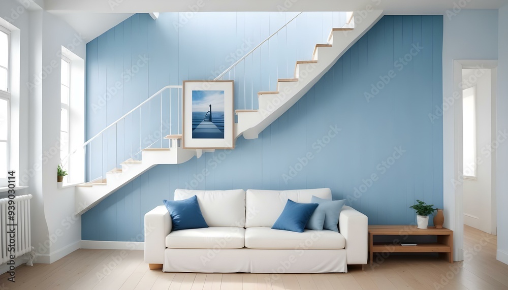 Interior mockup In a white room a blue sofa is placed next to a photo frame on the wall Interior mockup In a white room a blue sofa is placed next to a photo frame on the wall