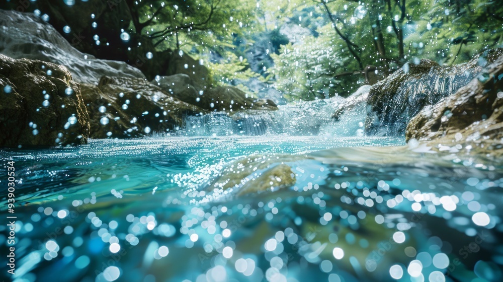 Fototapeta premium Graphical depiction of a consumer's positive associations with mineral water, themed around purity, featuring pristine mountain springs, AI Generative