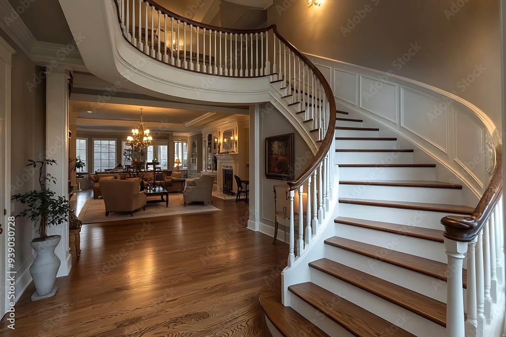 Obraz premium Grand White Wooden Staircase with Elegant Banister and Railing in Luxury Interior