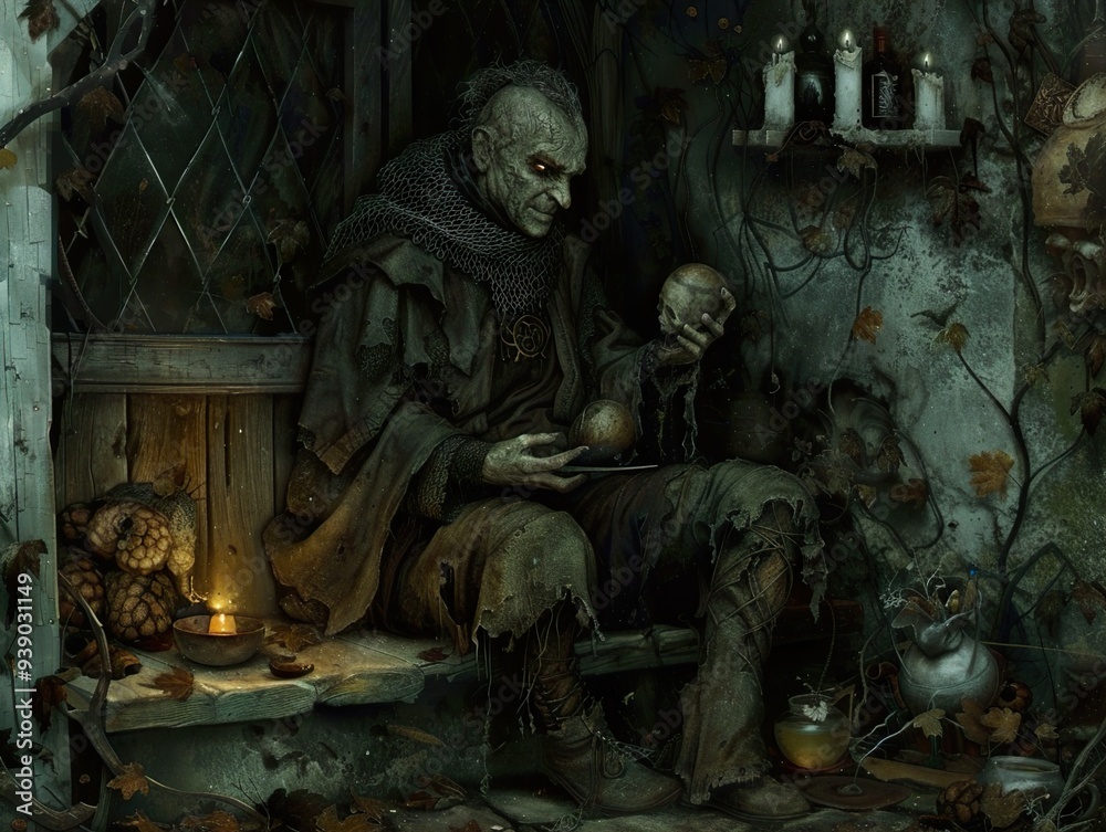 Dark Fantasy Illustration of a Grim Figure with a Skull Dark Fantasy Illustration of a Grim Figure with a Skull