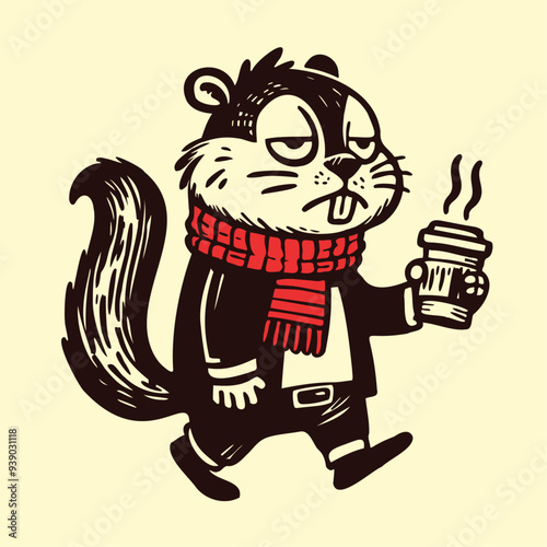 tired chipmunk with a coffee cup illustration