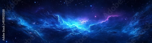 Cosmic horizon with a glowing nebula and distant star systems, using deep blues and purples to evoke a sense of mystery and wonder