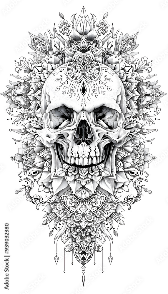 Skull and Mandala black and white illustration Skull and Mandala black and white illustration