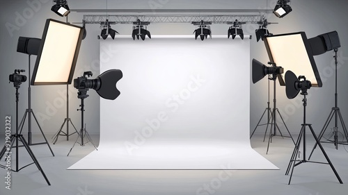 photographic studio with lighting backdrop and various equipment for photos and video shooting. banner
