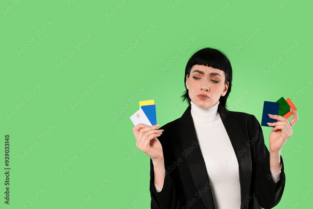 Woman Holding Various Colored Cards Against Vibrant Green Background While Contemplating Their Use Woman Holding Various Colored Cards Against Vibrant Green Background While Contemplating Their Use
