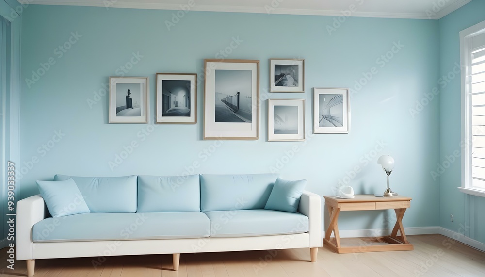 Interior mockup In a white room a blue sofa is placed next to a photo frame on the wall Interior mockup In a white room a blue sofa is placed next to a photo frame on the wall