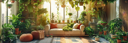 Indoor Garden Oasis: A cozy living room transformed by an abundance of potted plants and hanging greenery, creating a lush, calming retreat within the home. photo