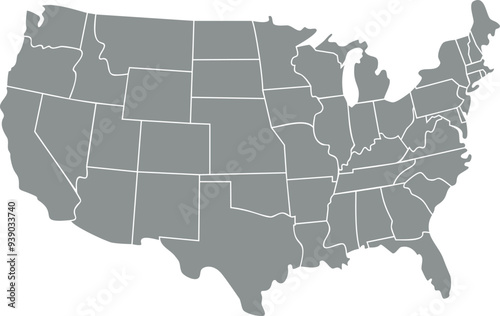 Grey map of United States of America on white background. 