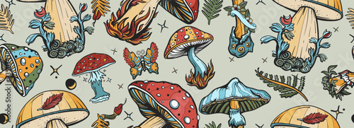 Mushrooms. Fly agaric, mushroom grebes, boletus. Old school tattoo vector seamless pattern. Autumn forest. Fall background