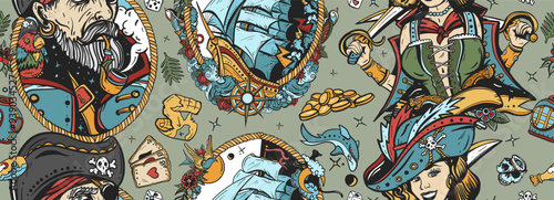 Pirates. Seamless pattern. Sea adventure background. Caribbean robbers. Captain, parrot, ship in storm, girl filibuster, compass, anchor, treasure island. Traditional tattooing style