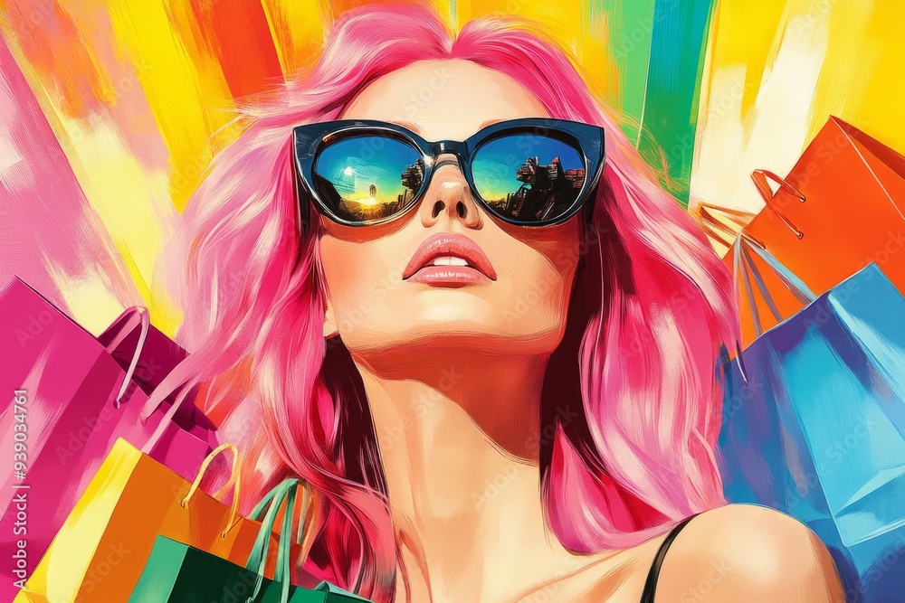 A vibrant fashion illustration showcasing a stylish woman with pink hair and oversized sunglasses. She enjoys shopping in a colorful setting. Generative AI A vibrant fashion illustration showcasing a stylish woman with pink hair and oversized sunglasses. She enjoys shopping in a colorful setting. Generative AI
