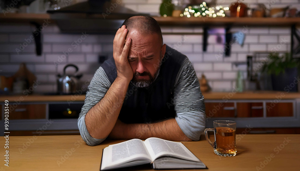 People suffering from insomnia. Menopause, andropause and midlife syndrome concept. Man thinking and reading People suffering from insomnia. Menopause, andropause and midlife syndrome concept. Man thinking and reading