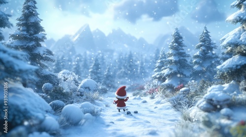 Snowy Winter Wonderland with a Red-Clad Figure