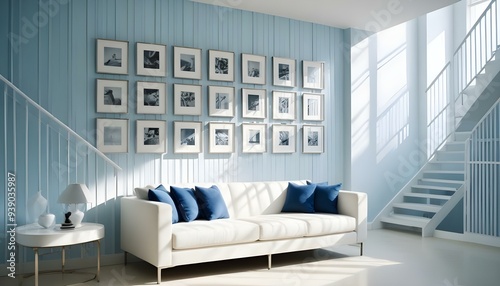 Interior mockup In a white room a blue sofa is placed next to a photo frame on the wall