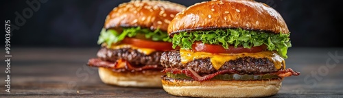 Delicious gourmet hamburger with lettuce, tomato, cheese, and crispy bacon, served on a sesame seed bun against a rustic background. photo