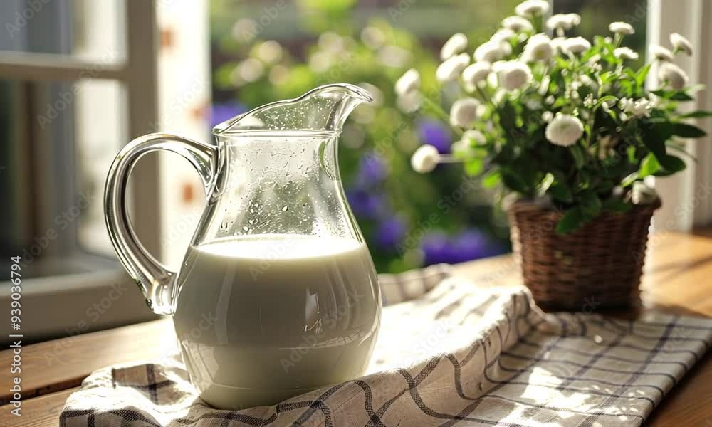 Glass pitcher of milk on a checkered tablecloth with a bouquet of white flowers in the background. Glass pitcher of milk on a checkered tablecloth with a bouquet of white flowers in the background.