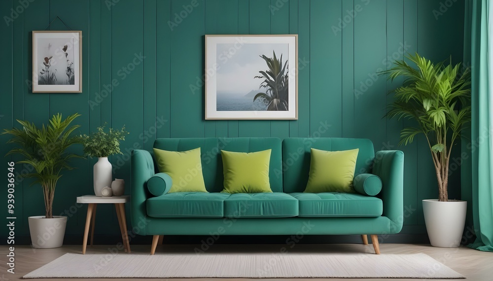 Interior mockup In a white room a blue sofa is placed next to a photo frame on the wall Interior mockup In a white room a blue sofa is placed next to a photo frame on the wall