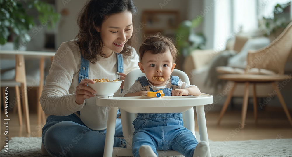 Cute little boy eats mashed vegetables for lunch, mom feeds him.New parents concept Cute little boy eats mashed vegetables for lunch, mom feeds him.New parents concept