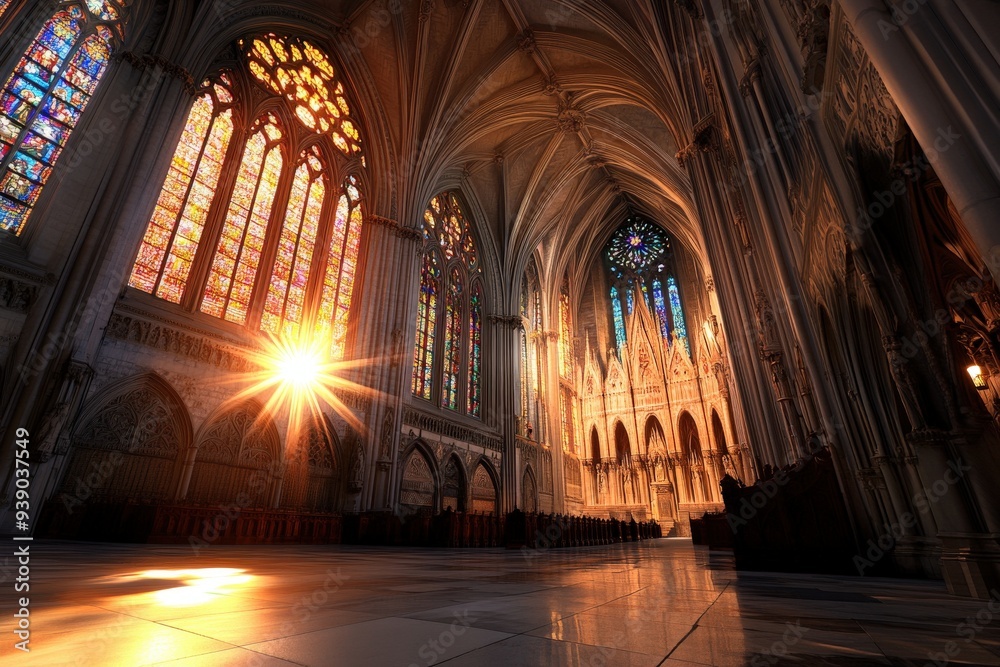 A breathtaking view of a Gothic cathedral's interior featuring magnificent stained glass windows illuminated by bright sunlight, enhancing the architectural beauty. A breathtaking view of a Gothic cathedral's interior featuring magnificent stained glass windows illuminated by bright sunlight, enhancing the architectural beauty.