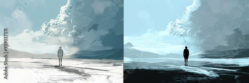 A side-by-side of a rough sketch evolving into a polished digital illustration, highlighting the transformation of ideas through digital tools.