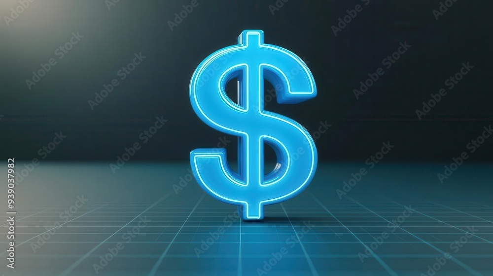 Neon blue dollar symbol, floating in a digital grid, futuristic atmosphere Neon blue dollar symbol, floating in a digital grid, futuristic atmosphere