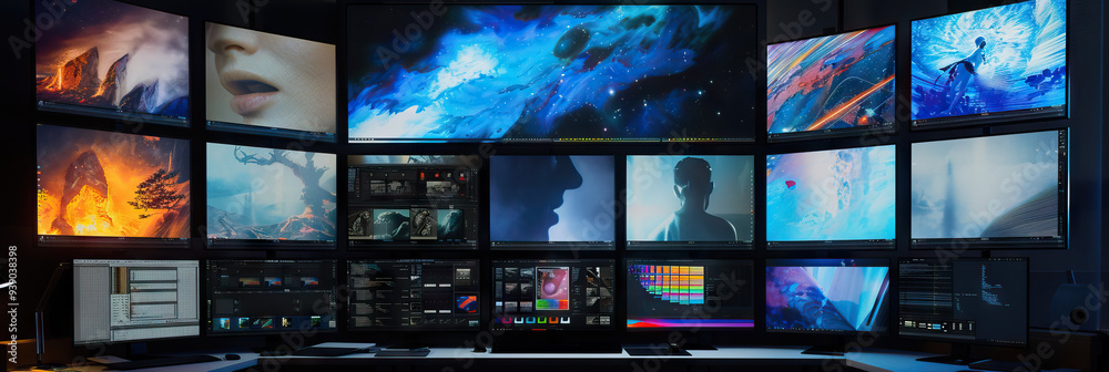 Virtual Art Studio: A desktop setup with multiple screens displaying different stages of a complex digital artwork, giving a glimpse into a professional digital artist’s workspace. Virtual Art Studio: A desktop setup with multiple screens displaying different stages of a complex digital artwork, giving a glimpse into a professional digital artist’s workspace.