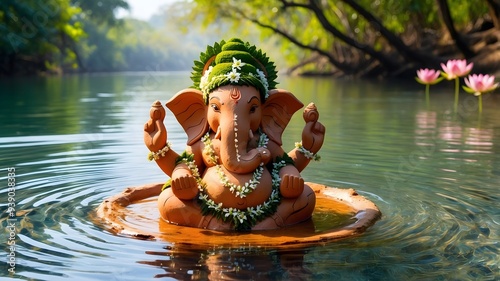 Eco-friendly Ganapati Statue Immersion: Soil Clay Idol in River