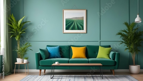 Interior mockup In a white room a blue sofa is placed next to a photo frame on the wall