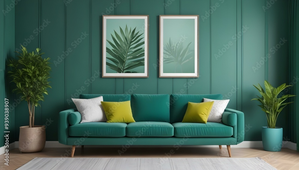 Interior mockup In a white room a blue sofa is placed next to a photo frame on the wall Interior mockup In a white room a blue sofa is placed next to a photo frame on the wall