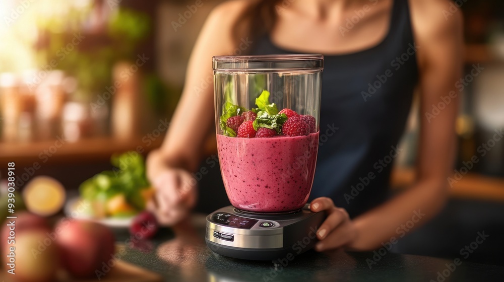 Happy woman making smoothie at home using blender, close-up with blurred background Happy woman making smoothie at home using blender, close-up with blurred background
