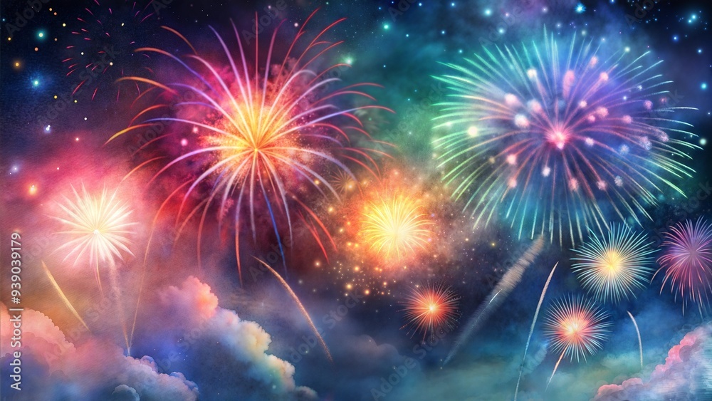 Obraz premium Colorful Fireworks Display in Night Sky with Clouds and Stars