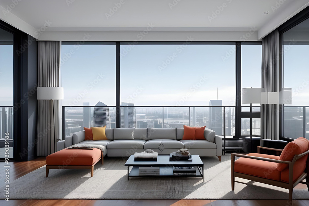 a modern penthouse living room with large windows a modern penthouse living room with large windows