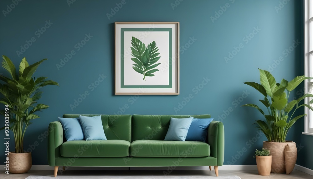 Interior mockup In a white room a blue sofa is placed next to a photo frame on the wall Interior mockup In a white room a blue sofa is placed next to a photo frame on the wall
