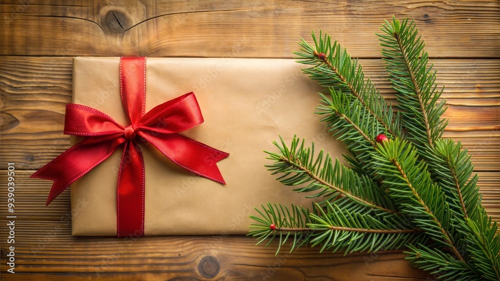 Gift Box with Red Ribbon and Evergreen Branch on Wooden Background Gift Box with Red Ribbon and Evergreen Branch on Wooden Background